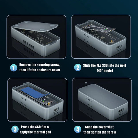 M.2 NVMe SSD Enclosure Delivers Sick 40Gbps Thunderbolt Speeds showing assembly steps with cover and SSD in place.