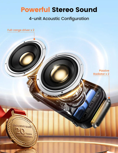 4-unit acoustic configuration of 20W Bluetooth Speaker With Dope Stereo Sound 30 Hours Playtime IPX5 Water Resistant Portable Wireless Speaker With Deep Bass And Light Show Ideal Gift For Men Teens Adults Beach Vacation Essential Black shown with full-range drivers and passive radiators