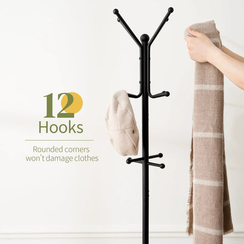 Freestanding Coat Rack With Umbrella Holder Twelve Hooks Three Tier Metal Coat Tree For Entryway Living Room Or Office