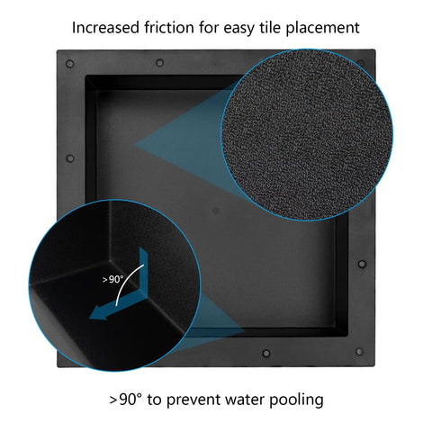 Tile Shower Niche Shelf 17x17 Inches with texture inside 14x14 Inches, close-up of textured and angled corners for easy placement.
