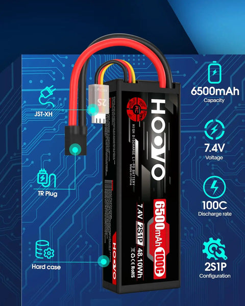 2S LiPo Battery 7.4V 6500mAh 100C RC Battery Pack Hard Case With TR Plug And EC5 Connector, annotated diagram