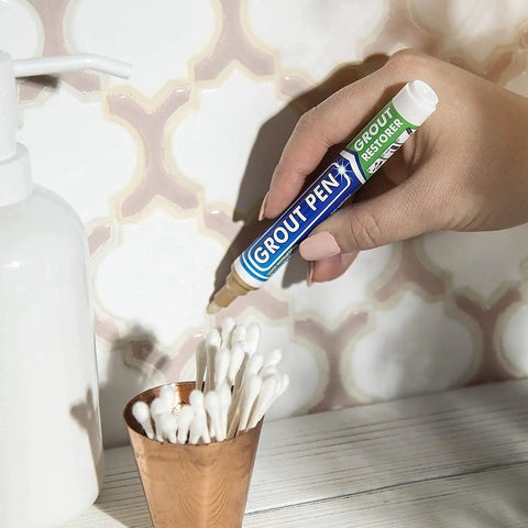 Applying Beige Grout Pen Tile Paint Marker Waterproof Grout Colorant and Sealer Pen Narrow 5mm Tip in bathroom