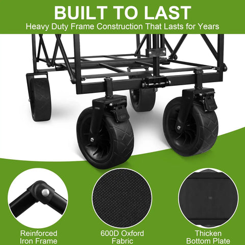 Foldable Wagon Cart With Big All Terrain Wheels And Drink Holders For Beach Camping Fishing Gardening Sports And Shopping Heavy Duty Frame Carries Up To 330 Pounds with reinforced iron frame and thick wheels