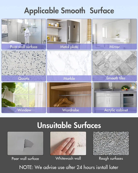 Surfaces suitable and unsuitable for Heavy Duty No Drill Adhesive Hooks Set 3 Pound Capacity Damage Free White 6 Pack.