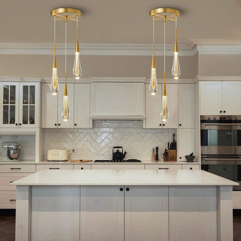 Gold Brushed Brass 3 Light Teardrop Crystal Pendant Ceiling Light For Kitchen Island Bedroom Hallway And Entryway Dimmable LED Modern Pendant Fixture That Pops above kitchen island