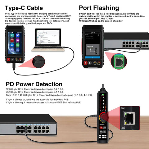 Rechargeable Network Cable Tester With Tone Generator And Probe All In One 4 Inch IPS Touchscreen Built In DMM Optical Power Meter VFL PoE Test And Continuity Checker LT 600M connected to network devices