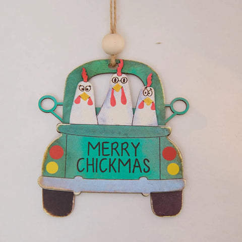 Chickmas Farmhouse Style 3D Wooden Christmas Ornament Four Inch Hanging Chicken Decor Adorable Rustic Holiday Tree Accessory