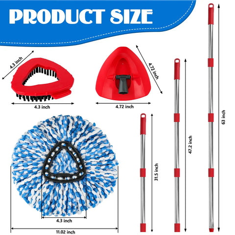 All-In-One Spin Mop Replacement Kit for RinseClean 2-Tank System With 16 Microfiber Refills, Scrubber Head, Triangle Base and Adjustable 31-63in Handle Built for EasyWring RinseClean Compatibility product size chart