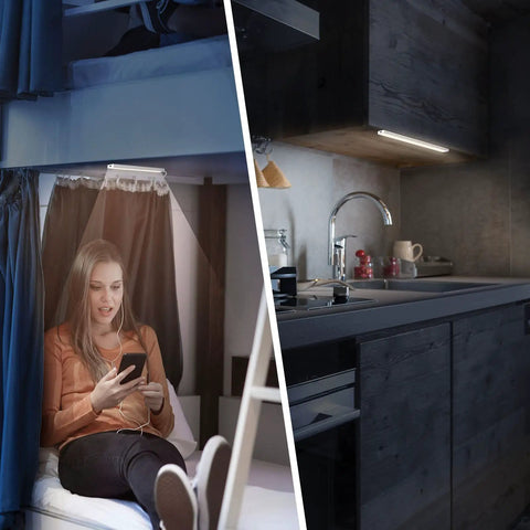 Two Pack LED Under Cabinet Lights Dimmable USB Powered for Closet, Bar, Counter and Desk, installed under kitchen cabinet and in dorm room
