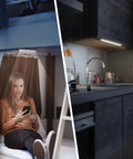 Woman reading with USB Powered LED Light Bar under dorm bed; LED Light Bar illuminating kitchen under cabinet lighting setup