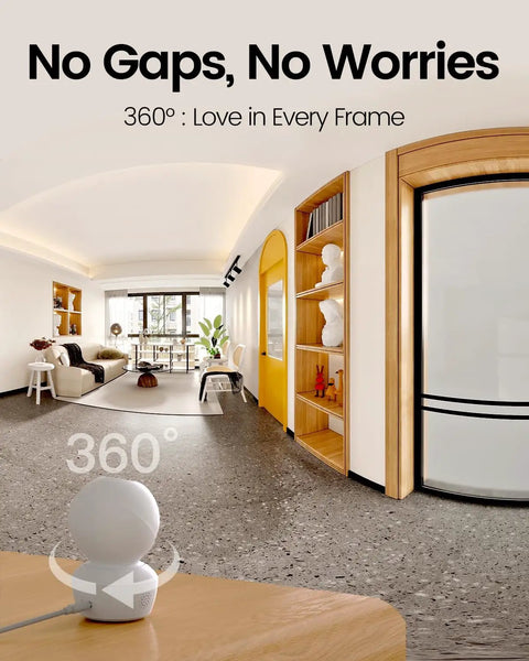 No Sweat Setup 4Mp Indoor Security Camera With Solid Hd Video And Clear Two Way Audio Free Ai Motion Tracking Night Vision Plus Easy Phone App Control For Your Pooch Around The Clock in a modern living room with 360° view.