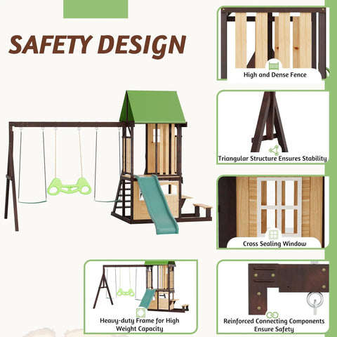 Natural Cedar Wood Backyard Swing Set With Wave Slide, Kid-Friendly Clubhouse Playhouse, safety features illustration for kids 3-12