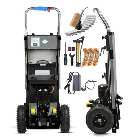 Heavy Duty Electric Stair Climbing Hand Truck 900 Lb Capacity Lithium Battery Powered Dolly parts and assembly tools on display.