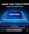 Jasper Lake Celeron N5100 quad-core processor with CPU benchmarks displayed, highlighting performance features.