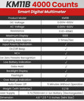 Specifications sheet for KM11B Smart Digital Multimeter, 4000 Counts, highlighting voltage, resistance, sampling rate, and dimensions.