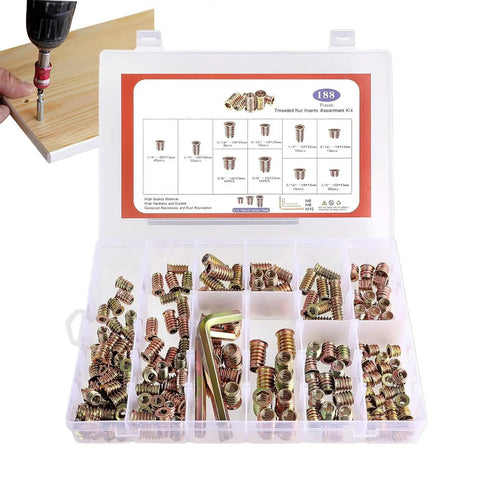 High Performance Threaded Screw Inserts For Wood Featuring Quick Hex Socket Connectors Dead Nuts Secure Furniture Hardware No Stress Diy Build Supplies in storage kit with tools.