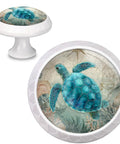 Top Tier Four Pack Of Fresh Vintage Nautical Sea Turtle Crystal Glass Round Cabinet Knobs with detailed sea turtle design.