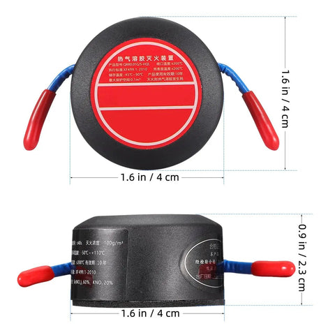 Top Shelf Automatic Car Fire Extinguisher Hardened Aluminum Body, compact 4cm aerosol canister for vehicle fire safety.