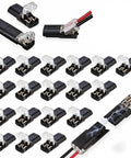 Dual Wire Plug In Connectors With Buckle Terminal Block Waterproof Cable Clamps For Quick Snap Installation No Tools Required Great For DIY Projects Model Kits And Low Voltage Decor 40 Pieces arranged in rows with close-up detail.