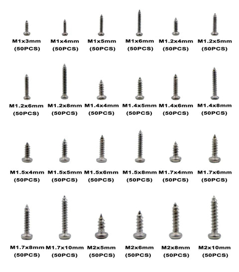 Pro Grade Premium 1200Pcs 24 Kinds Self Tapping Phillips Pan Head Screws Set In 304 Stainless Steel for DIY projects, assorted sizes.