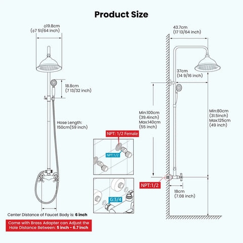 Technical diagram of Polished Chrome 8 Inch Rainfall Shower Head Set with dimensions and dual-function diverter details.