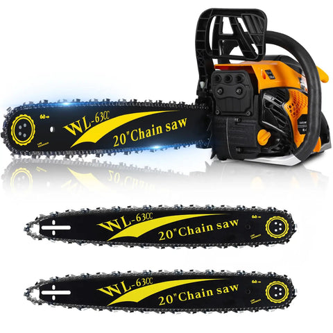 63Cc Gas Powered Chainsaw With 20 Inch Bar And 2 Chains And Bars, Heavy Duty 2-Cycle Engine For Tree Felling, Logging, Firewood Cutting