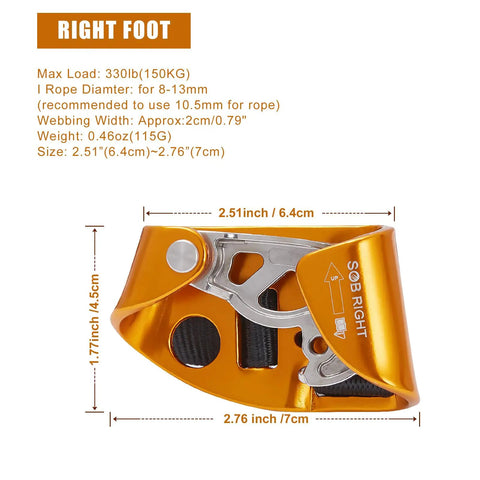 Right foot orange edition of Foot Ascender for Rope Climbing and Rappelling, Lightweight Aluminum Gear, 330 lb Capacity, 8 to 13mm Rope