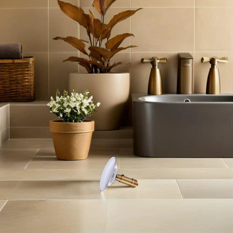 Copper Pop up Bathtub Plug with Bounce Design for Drain Hole on bathroom floor beside flower pot.