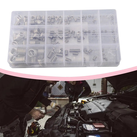 140 Piece Metric Thread Repair Kit M3 to M12 Stainless Steel Helicoil Set with tray and car repair scene