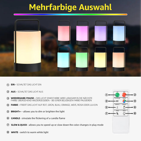 Solar Lantern LED Outdoor Cordless Table Lamp With IP44 Waterproof Metal Frame RGB And Warm White Lighting display.