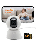 2.5K Pan-Tilt Security Camera With 360 Degree View, Dual Band WiFi, AI Human And Pet Detection, Cloud Storage Plus 64GB SD Card, White