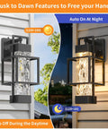 Knockout Two Pack Dusk To Dawn Outdoor Wall Sconces With Built In Photocell Waterproof Black Coach Lanterns Dimmable Porch Lights showing auto on and off features.