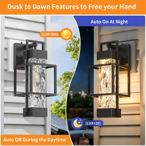 Knockout Two Pack Dusk To Dawn Outdoor Wall Sconces With Built In Photocell Waterproof Black Coach Lanterns Dimmable Porch Lights showing auto on and off features.