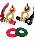 Battery Terminal Connectors 2 Pack Quick Disconnect Terminals With Anti Corrosion Pad Positive And Negative Top Post Ends For Car And Marine Use Durable Brass With Tin Plated Finish Easy Install, showing red and black connectors.