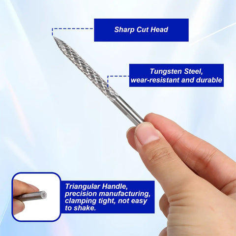 A Tough As Nails Three Piece Tire Reamer Drill Bit Set Featuring Sharp Carbide Burrs For No Sweat Flat Tire Repairs And Quick Roadside Fixes For Cars Trucks And Motorcycles, showcasing sharp cut head and triangular handle.
