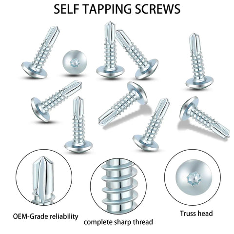 Heavy Duty Self Tapping And Self Drilling Trailer Screws Zinc Plated Rust Resistant Fasteners Built Like A Tank For Enclosed Car Haulers RV Panels No Sweat Install 150 Pack with truss heads and sharp threads.
