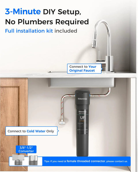 15UA-UF 0.01 Micron Under Sink Water Filter System installed under kitchen sink with faucet connection