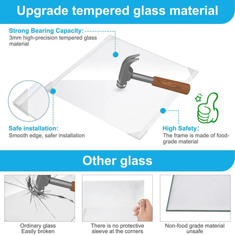 Infographic showing strong 3mm tempered glass of Whirlpool Freezer Glass Shelf Replacement WRS571CIHZ04 with hammer.