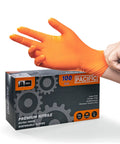Extra Thick 8 Mil Orange Nitrile Work Gloves Heavy Duty Disposable Knit Cuff For Mechanics And Tradesmen Bulk 100 Pack being worn with box.