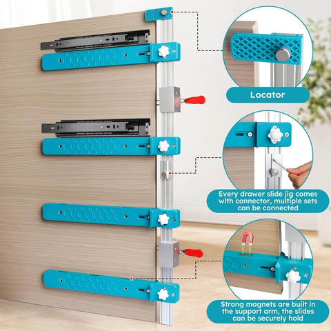 Pro Grade Drawer Slide Jig For Cabinets And Desks with toggle clamp and magnetic arm, installed on a wooden surface