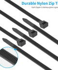 Heavy Duty 18 Inch Black Zip Ties 9mm Wide 200 Lb Tensile Strength 100 Pack indoor outdoor UV resistant close-up with locking mechanism