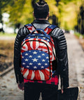 Person wearing USA Flag Sunflower Printed Unisex Backpack with Large Capacity Durable Polyester Daypack for School Travel or Work