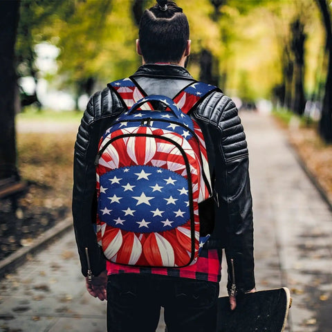 Person wearing USA Flag Sunflower Printed Unisex Backpack with Large Capacity Durable Polyester Daypack for School Travel or Work