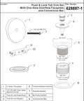Product specification sheet for Push And Lock Bathtub Drain Stopper Kit With Trim Set And Single Hole Overflow Faceplate, Easy Install Conversion Kit, Universal Fine And Coarse Threads, No Putty, Brushed Nickel Finish, showing parts and dimensions.