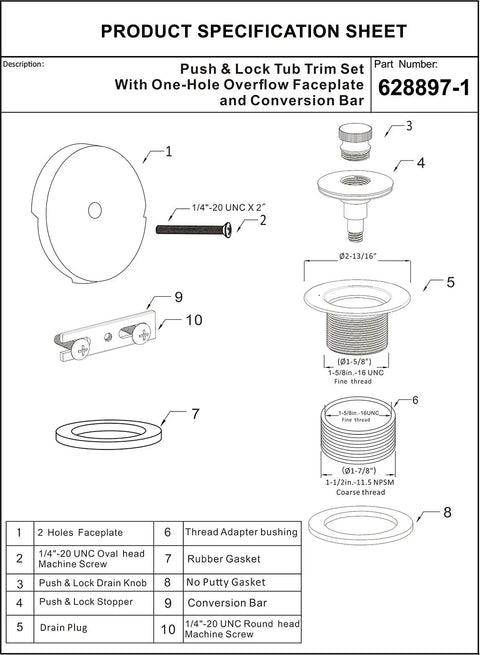 Product specification sheet for Push And Lock Bathtub Drain Stopper Kit With Trim Set And Single Hole Overflow Faceplate, Easy Install Conversion Kit, Universal Fine And Coarse Threads, No Putty, Brushed Nickel Finish, showing parts and dimensions.