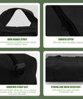 Close Top Wide Mouth Canvas Tool Organizer Bag With Large Capacity For Home And Garage Storage The Go To For Screwdrivers, Wrenches, Pliers And Other Hand Tools, 12 Inch Portable Tool Tote, showing details of wide handle strap, zipper, shoulder strap clip, and durability.