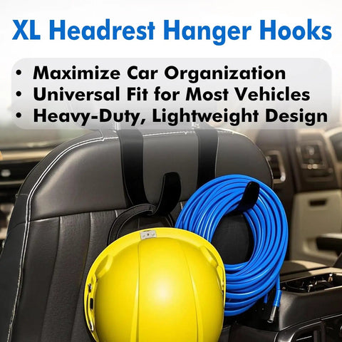 Heavy Duty Headrest Hooks for Trucks and Cars, Extra Large Seat Back Organizer holding hard hat and coiled cable