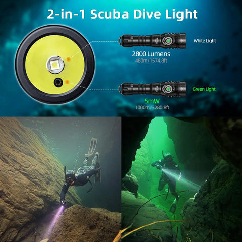 DL03 Dive Light Two In One Scuba Flashlight With 2800 Lumen White Light And Green Beam, underwater use for diving and exploring.