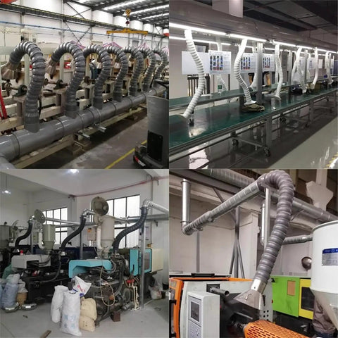 Multiple flexible solder fume extractor arms with adjustable hoods and valves for electronics and woodworking in various setups.