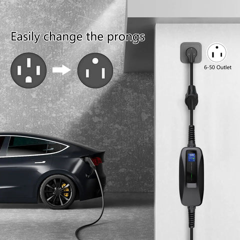 6-50P To 14-50R EV Charger Adapter Cord For 220V 50 Amp Outlets in use with electric vehicle charging setup